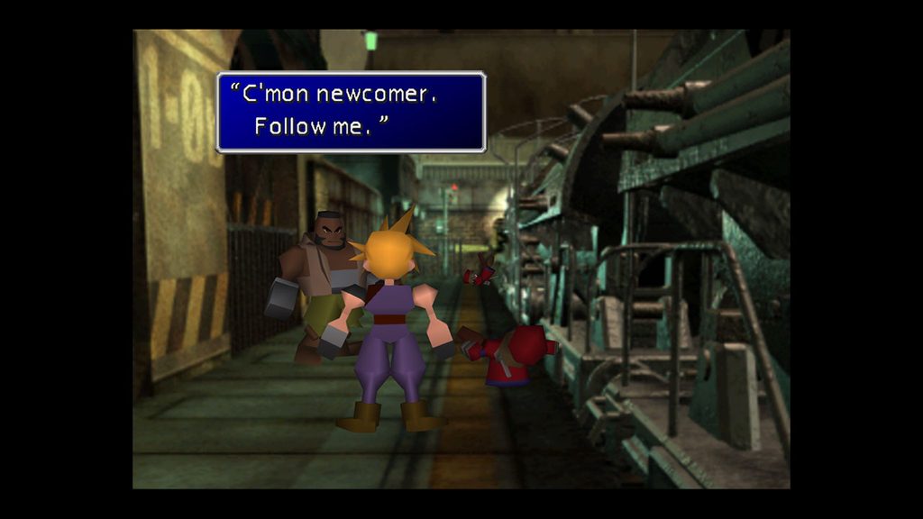Cloud, Barret, Biggs, and Wedge in a pre-rendered Final Fantasy VII environment
