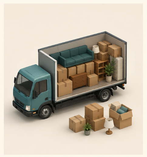 A normal moving truck with boxes left outside for another trip