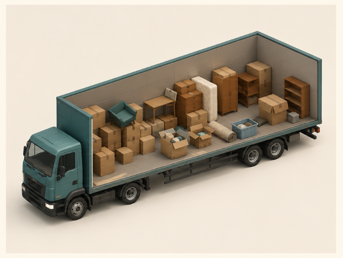 An oversized moving truck with loosely packed cargo and unused space