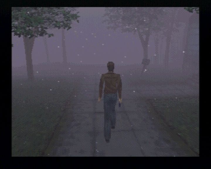 Harry Mason walking along a street obscured by fog in Silent Hill